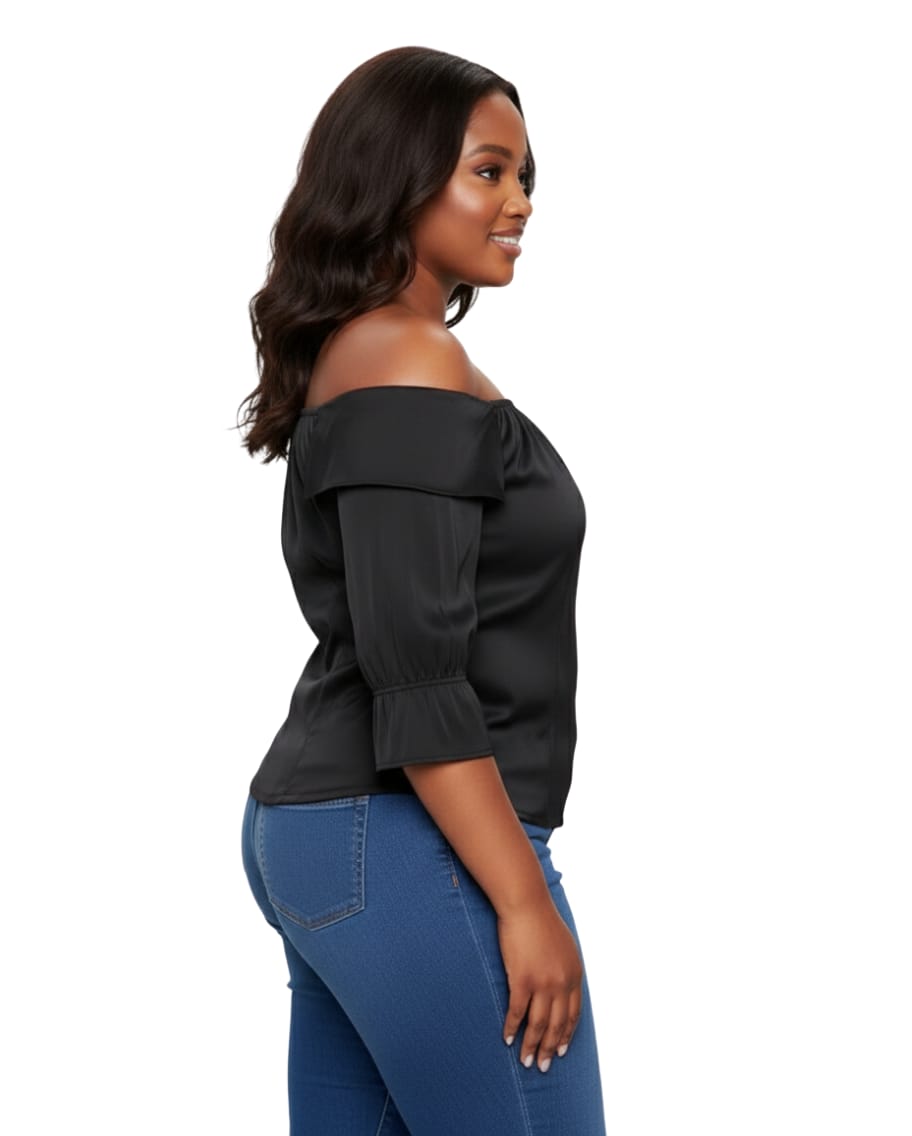 Black Satin Ella Plus Size Off-Shoulder Corset Top