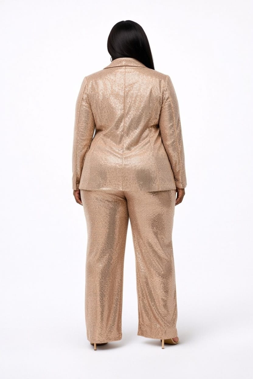 Gold Sequin Ashley Plus Size Blazer Crop Top &amp; Wide Leg Pants Set