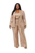 Gold Sequin Ashley Plus Size Blazer Crop Top &amp; Wide Leg Pants Set