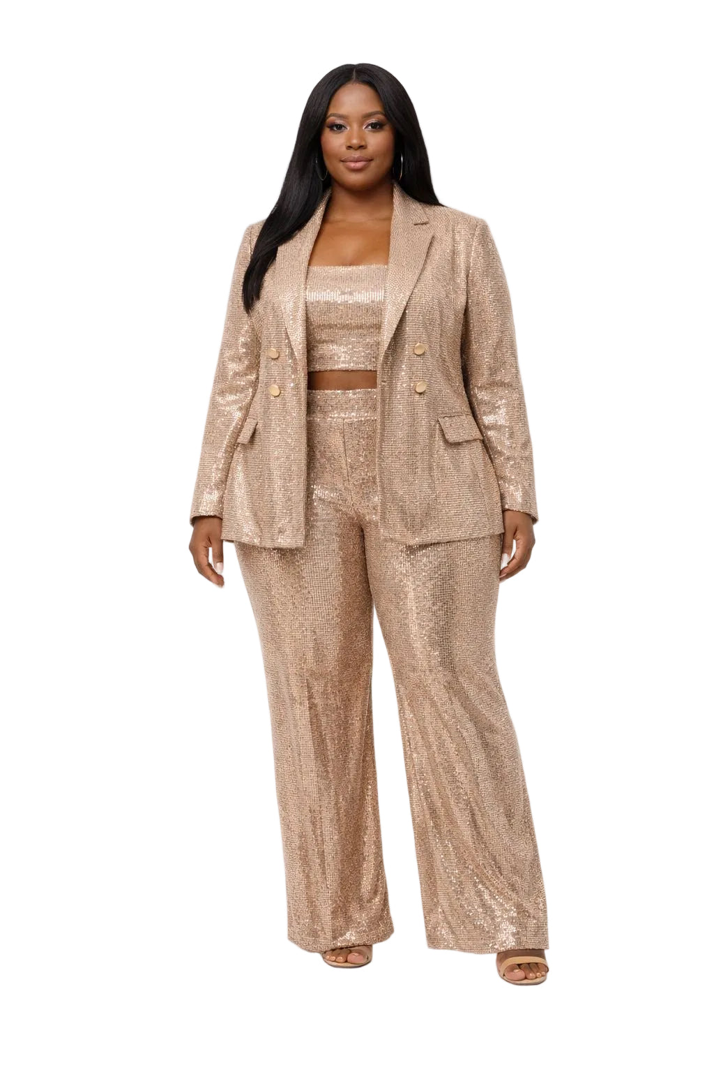 Gold Sequin Ashley Plus Size Blazer Crop Top &amp; Wide Leg Pants Set