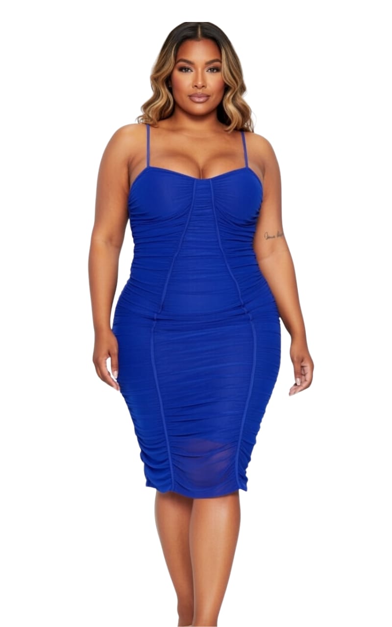 Royal Blue Ruched Hazel Plus Size Spaghetti Strap Midi Dress