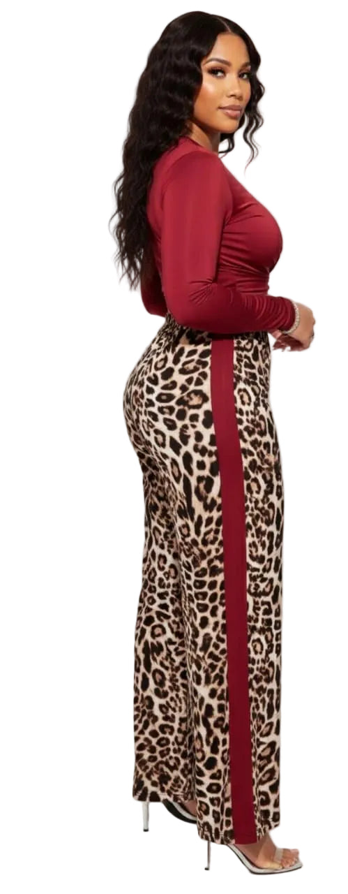 Burgundy Leopard Hazel Plus Size 2-Piece Long Sleeve Crop Top &amp; Wide Leg Pants Set