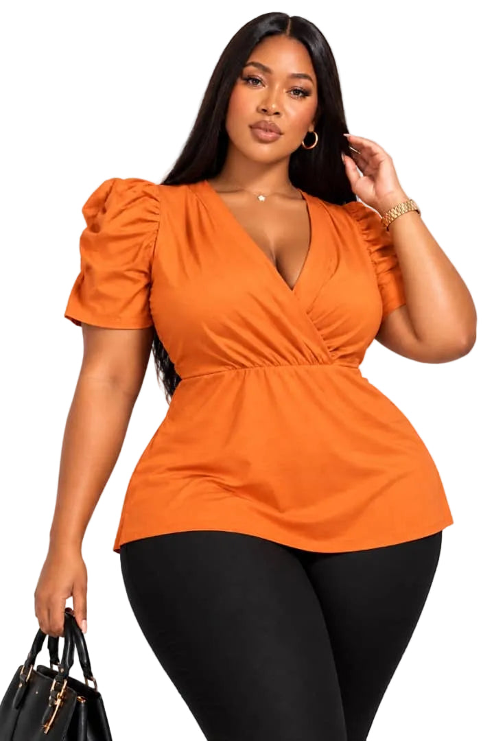 Copper Claire Plus Size Puff Sleeve Wrap Top