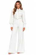 White Quinn Bow Tie Blouse & Wide-Leg Pants 2 Piece Set