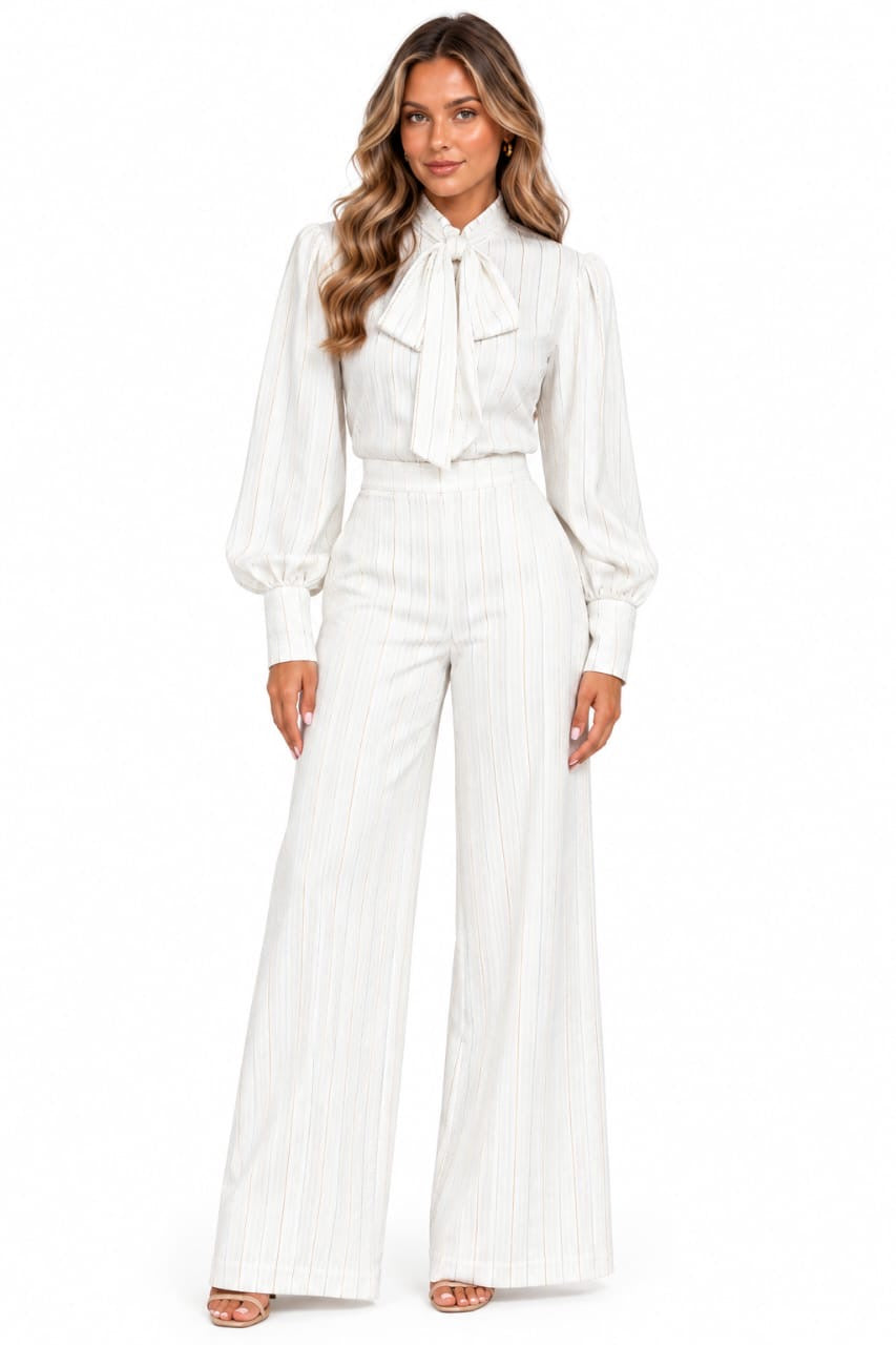 White Quinn Bow Tie Blouse & Wide-Leg Pants 2 Piece Set