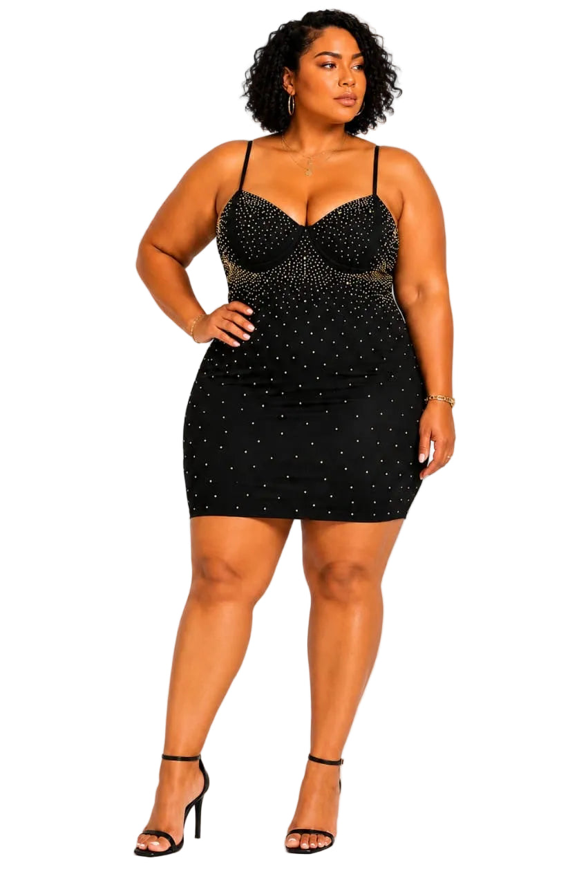 Black Amara Plus Size Rhinestone Bustier Mini Dress