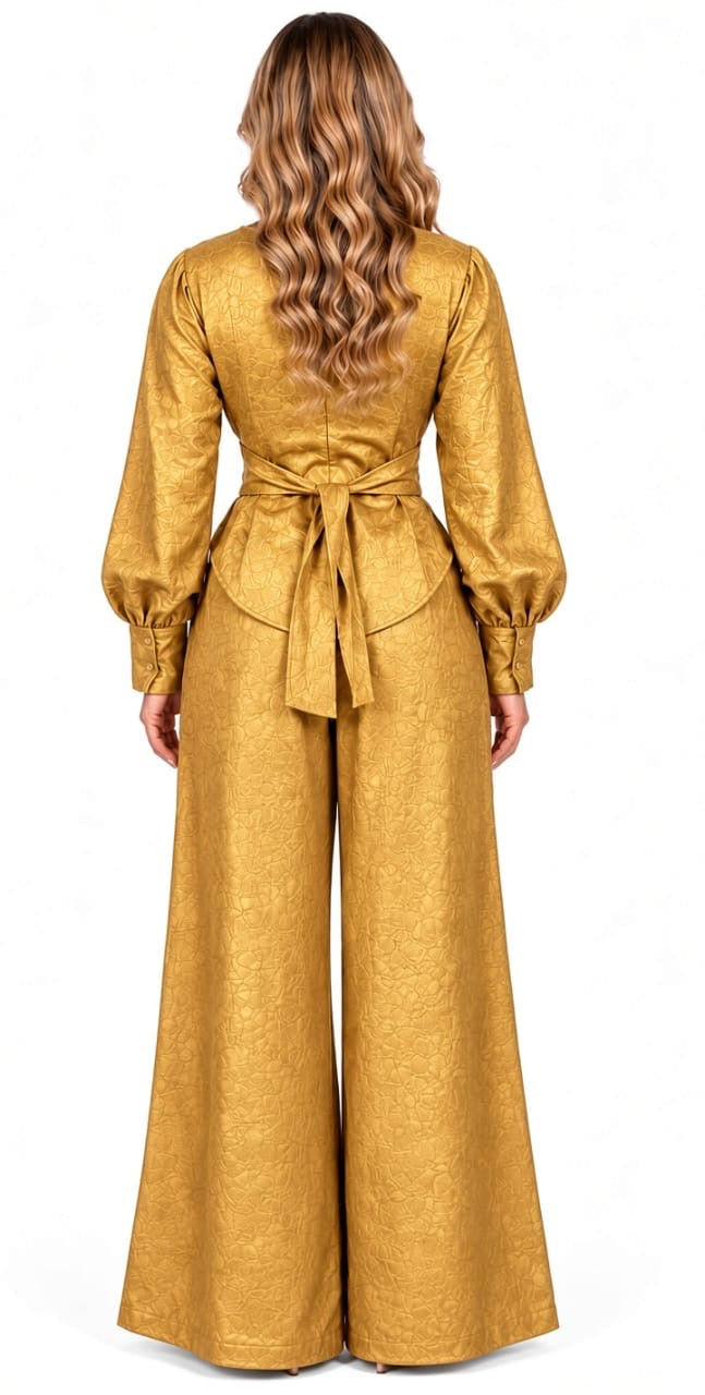 Gold Cora Textured Crop Top & Wide-Leg Pants 2 Piece Set