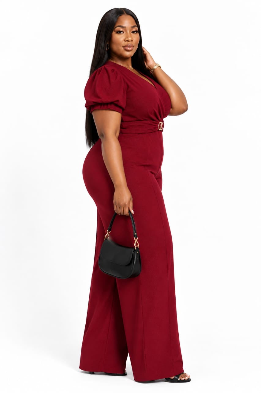 Burgundy Ivy Plus Size Puff Sleeve Wide-Leg Jumpsuit