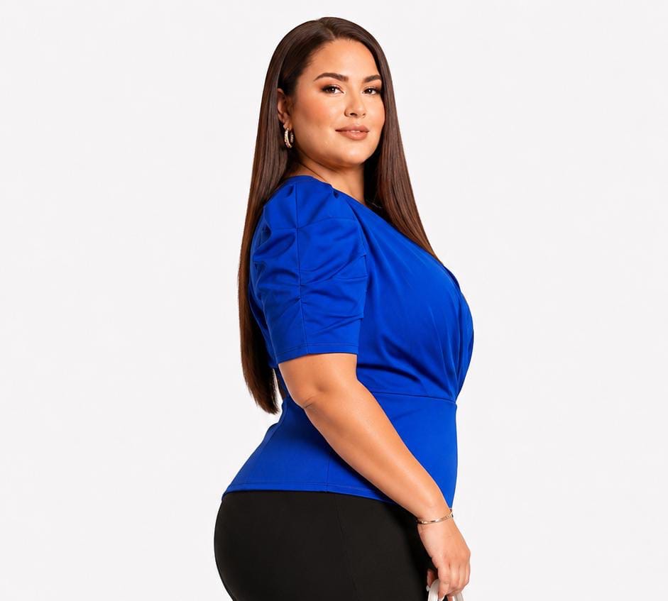 Royal Blue Aria Plus Size Puff Sleeve Peplum Top