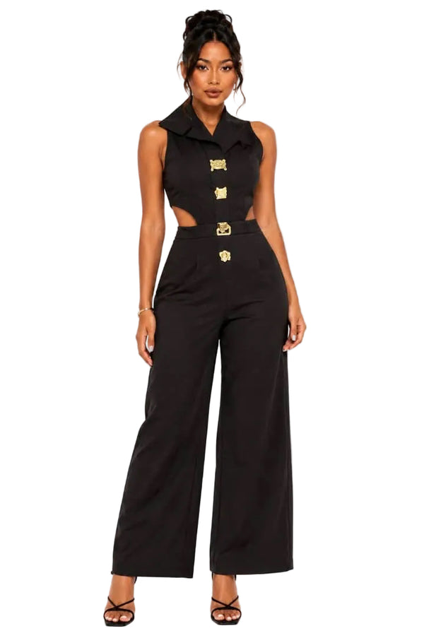 Black Emily Gold Button Cutout Jumpsuit