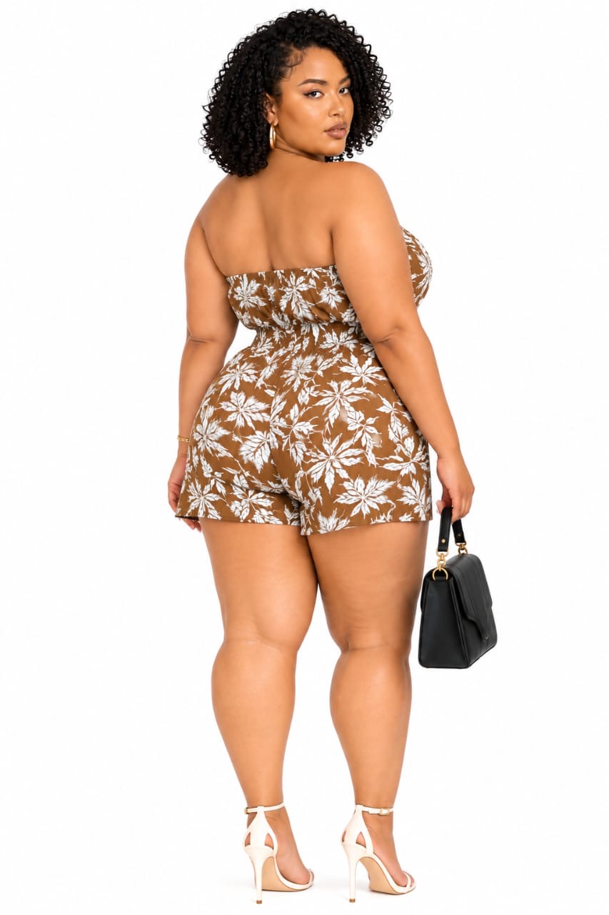 Mocha Nova Plus Size Tropical Strapless Romper