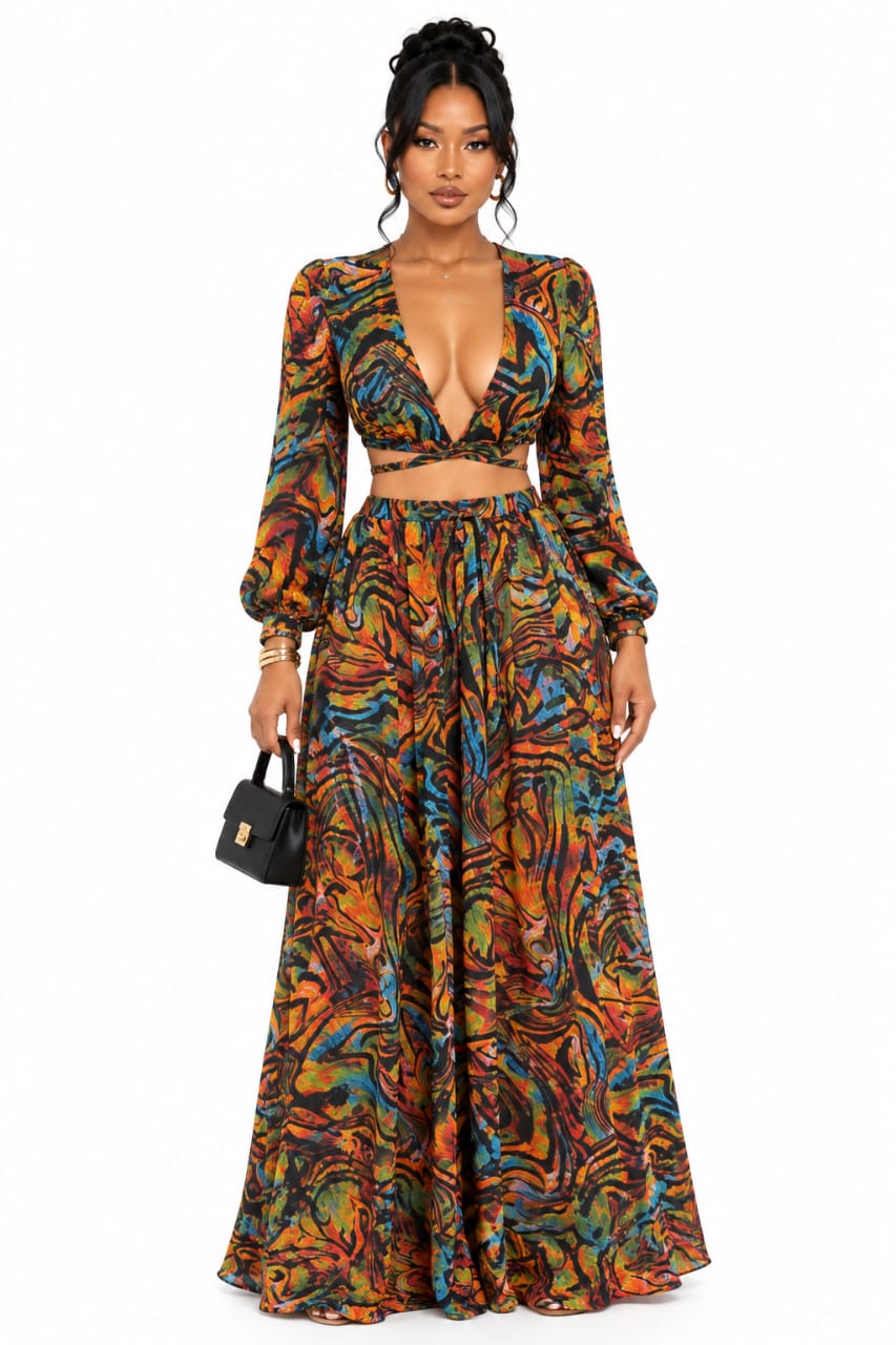 Multicolor Aria Abstract Print Crop Top &amp; Wide-Leg skirt Set