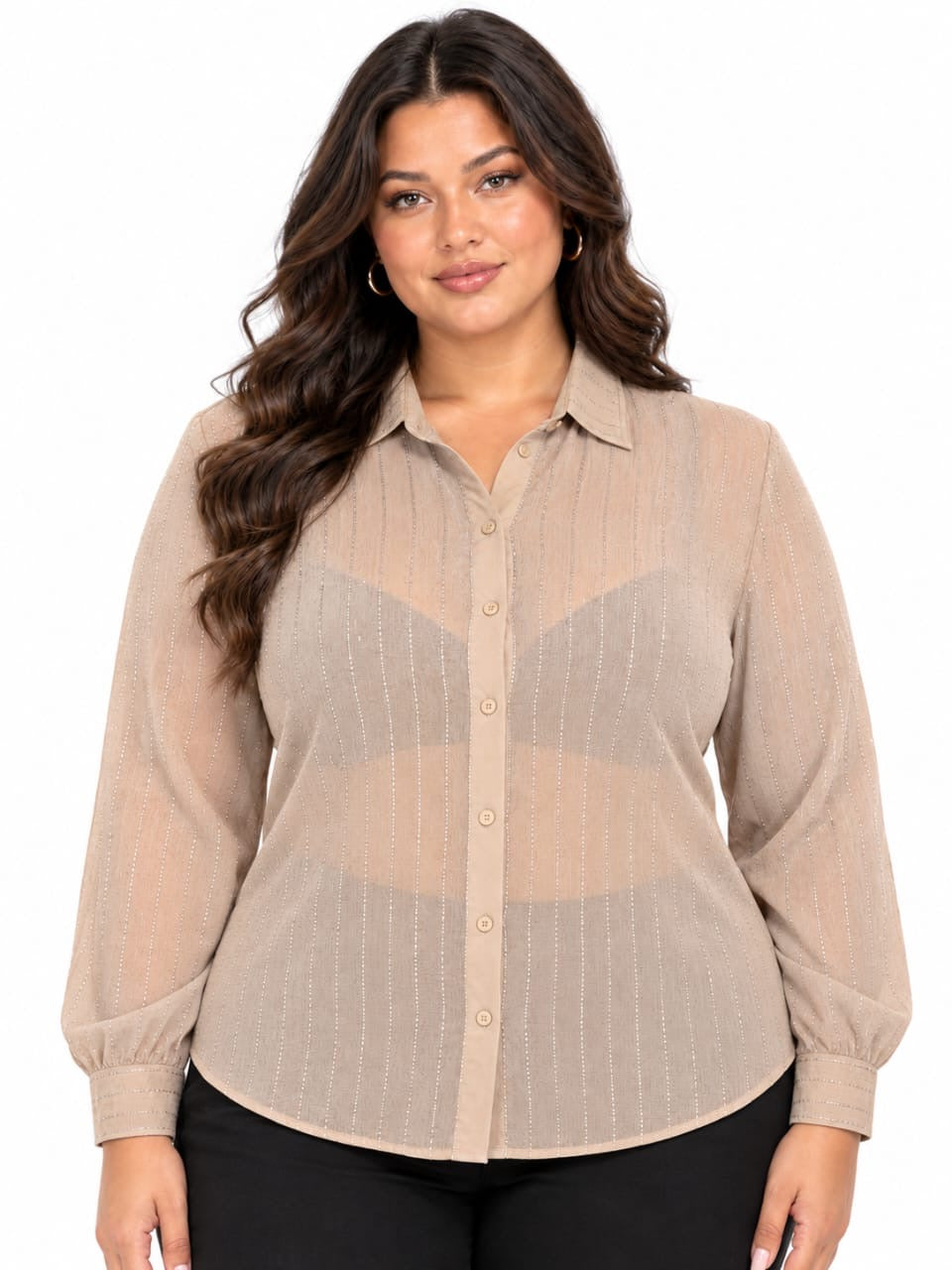Taupe Cora Sheer Sparkle Button-Up Top