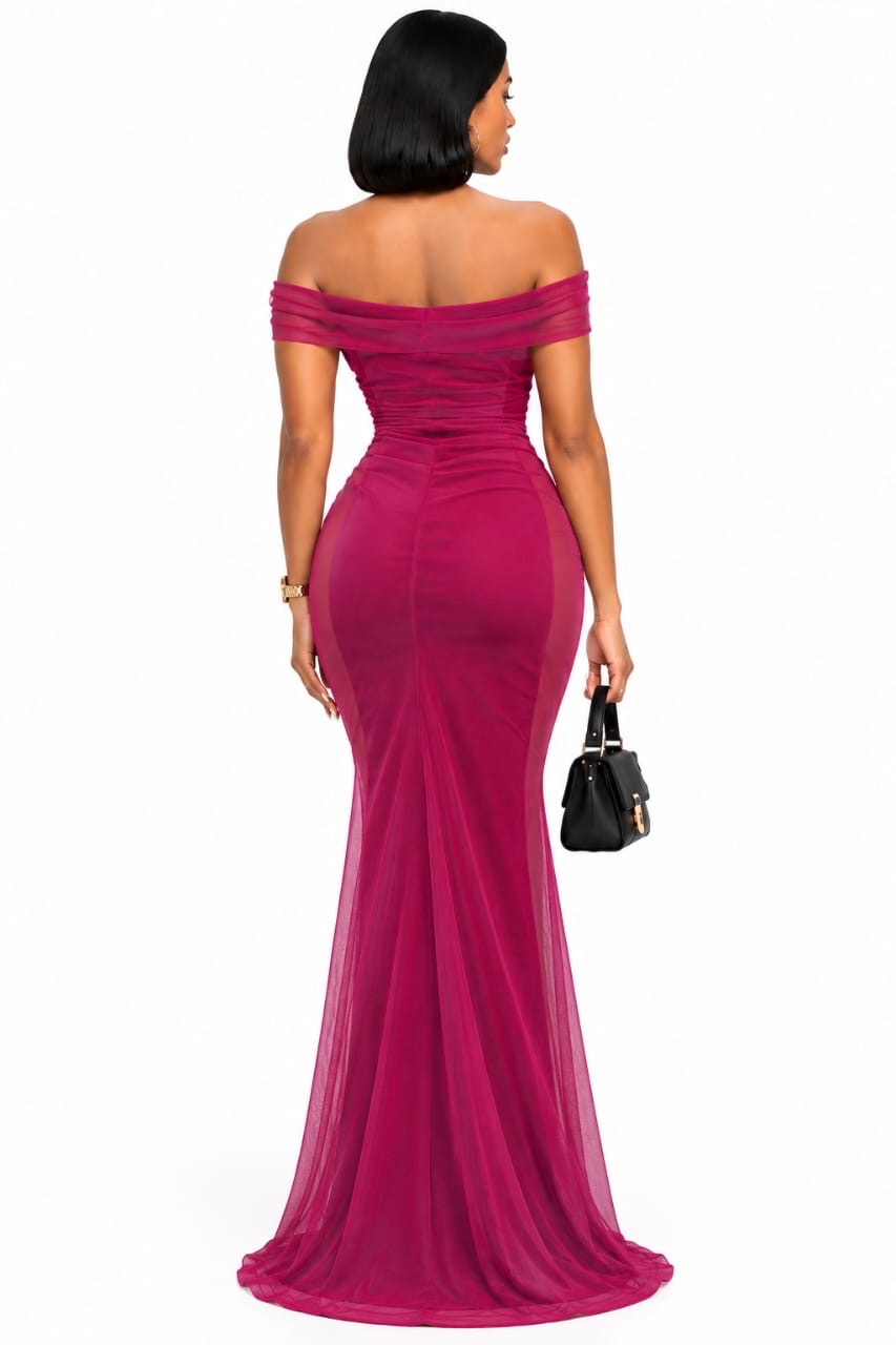 Magenta Gia Off-Shoulder Ruched Maxi Dress