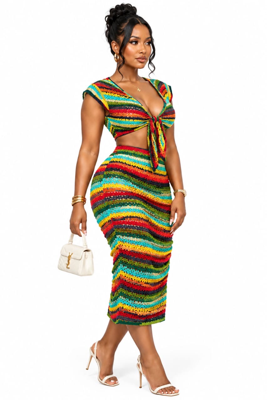 Multicolor Faith Crochet Tie Front Top &amp; Midi Skirt Set