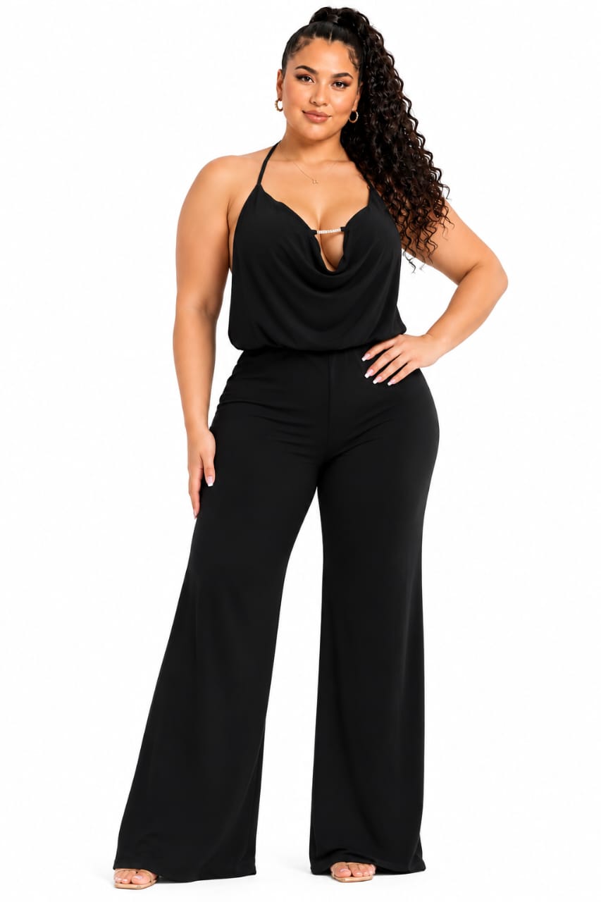 Black Willa Cowl Halter Wide-Leg Jumpsuit
