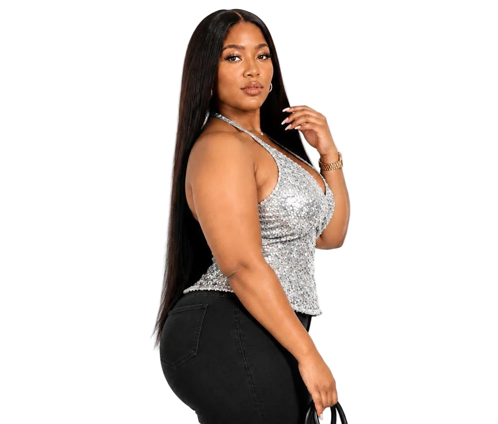 Silver Violet Plus Size Sequin Halter Top