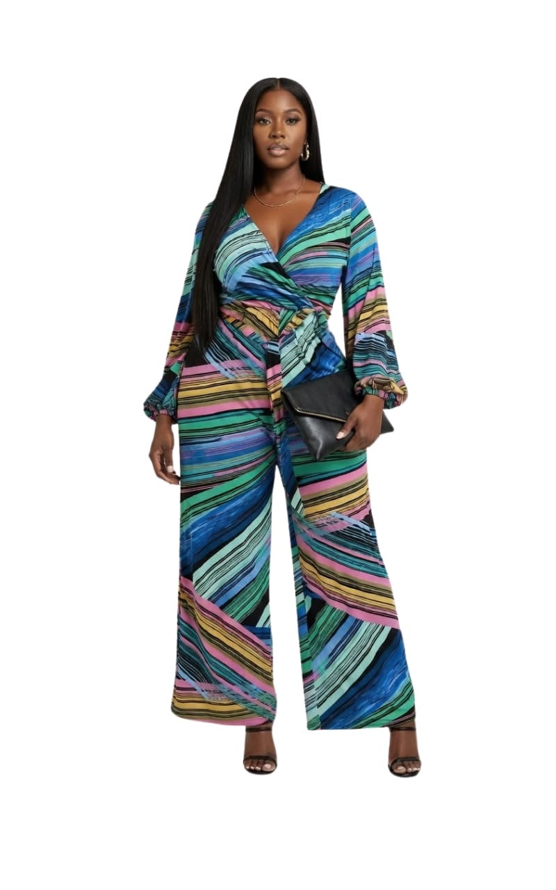 Multicolor Abstract Ariana Plus Size Wrap Wide Leg Jumpsuit