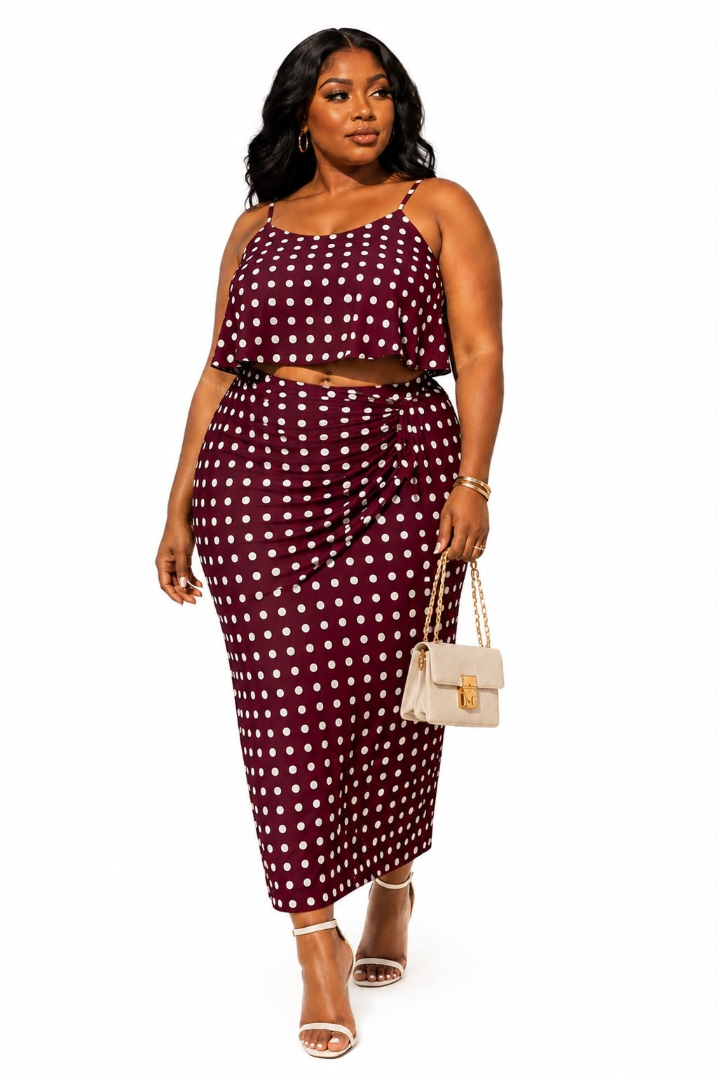 Burgundy Hazel Plus Size Polka Dot Crop Top Midi Skirt Set
