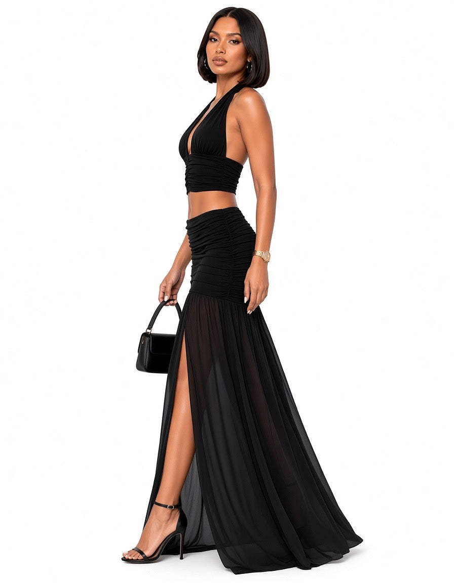 Black Felicity Halter Crop Top &amp; Sheer Maxi Skirt Set
