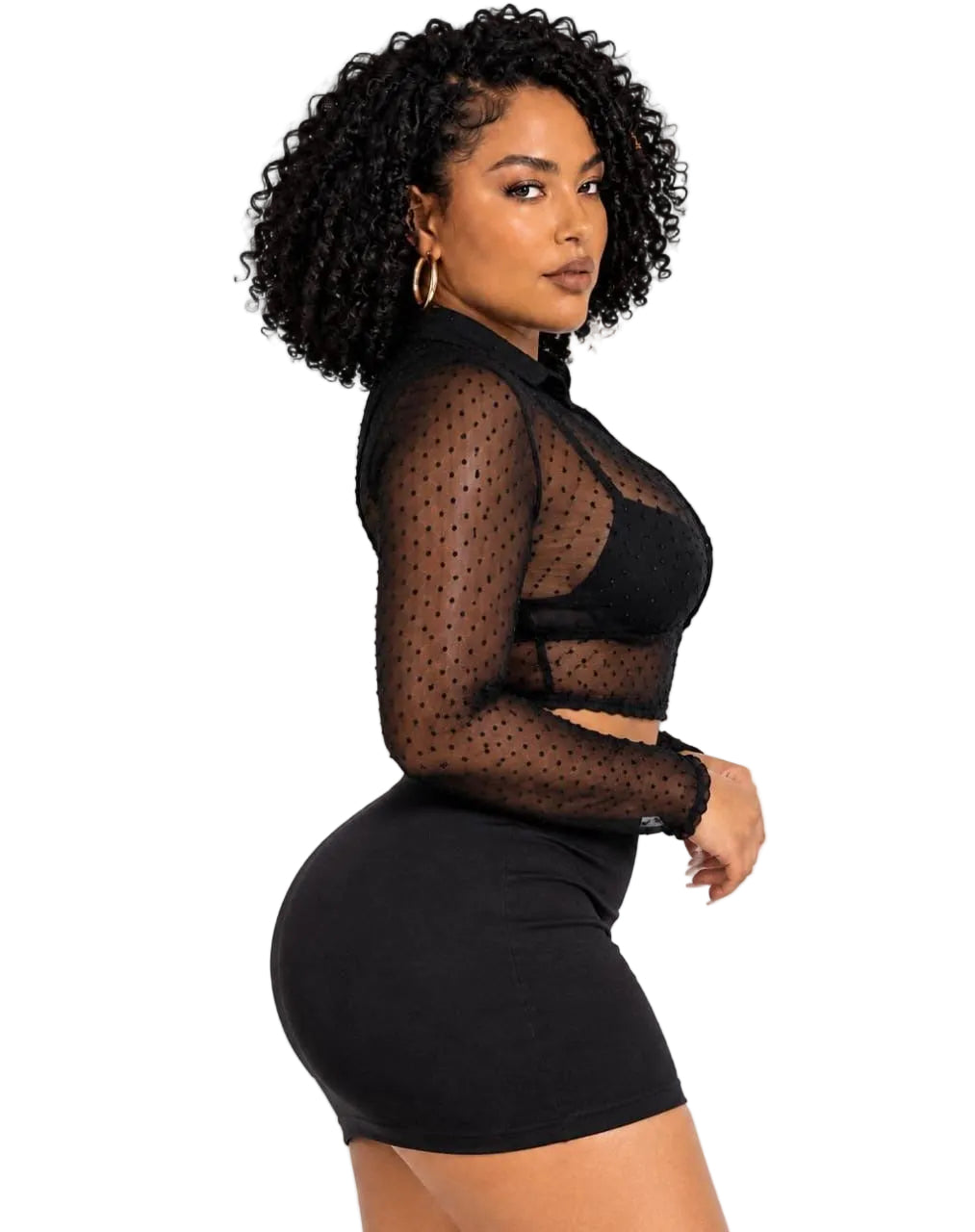 Black Morgan Plus Size Sheer Polka Dot Crop Top