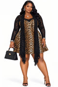 Leopard Giselle Plus Size Mini Dress with Lace Shawl