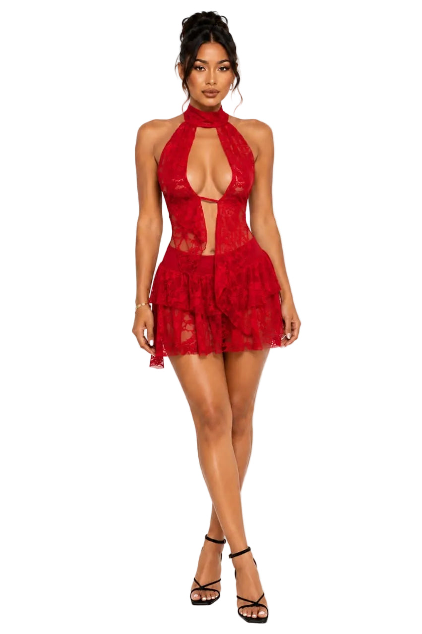 Red Blair Lace Halter Top &amp; Ruffle Mini Skirt Set