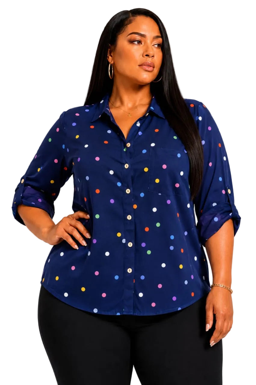 Navy Blair Plus Size Multicolor Polka Dot Button-Up Shirt