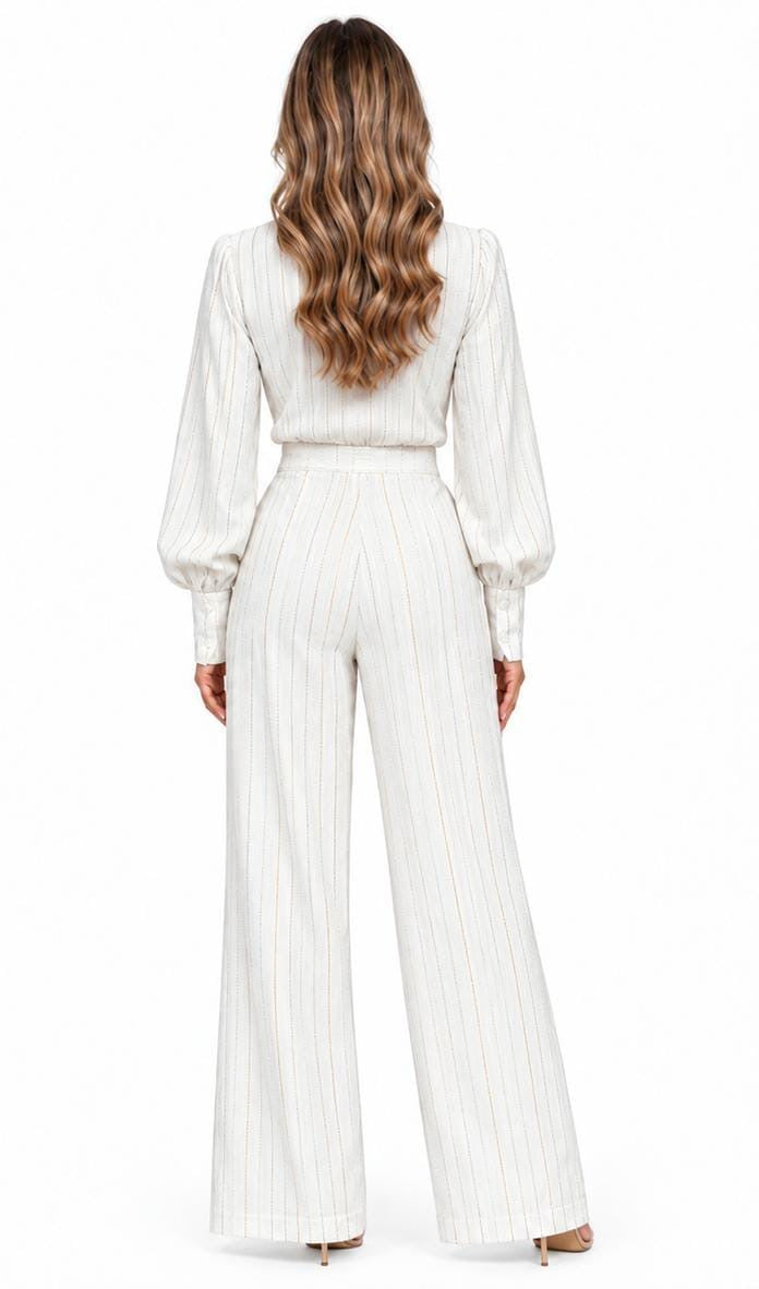 White Quinn Bow Tie Blouse & Wide-Leg Pants 2 Piece Set