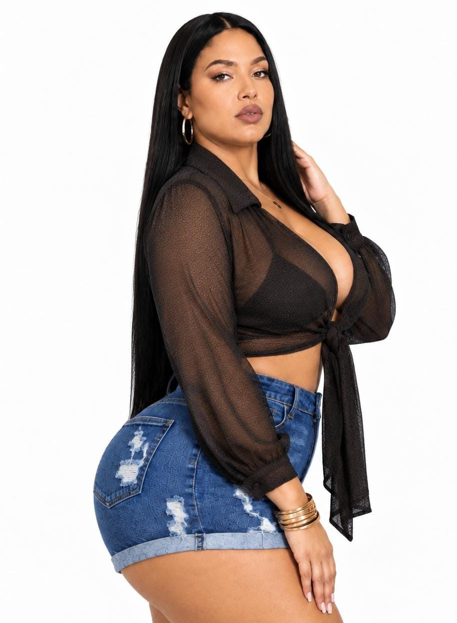 Black Sloane Plus Size Sheer Tie-Front Top