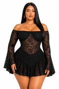 Black Lace Off-Shoulder Brielle Plus Size Mini Dress