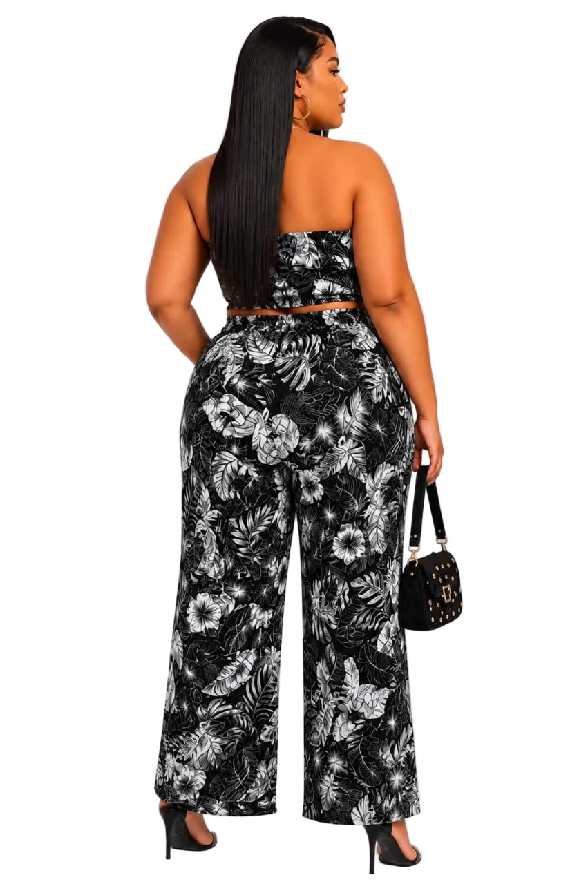 Black &amp; White Willow Plus Size Tropical Strapless Crop Top &amp; Wide-Leg Pants Set