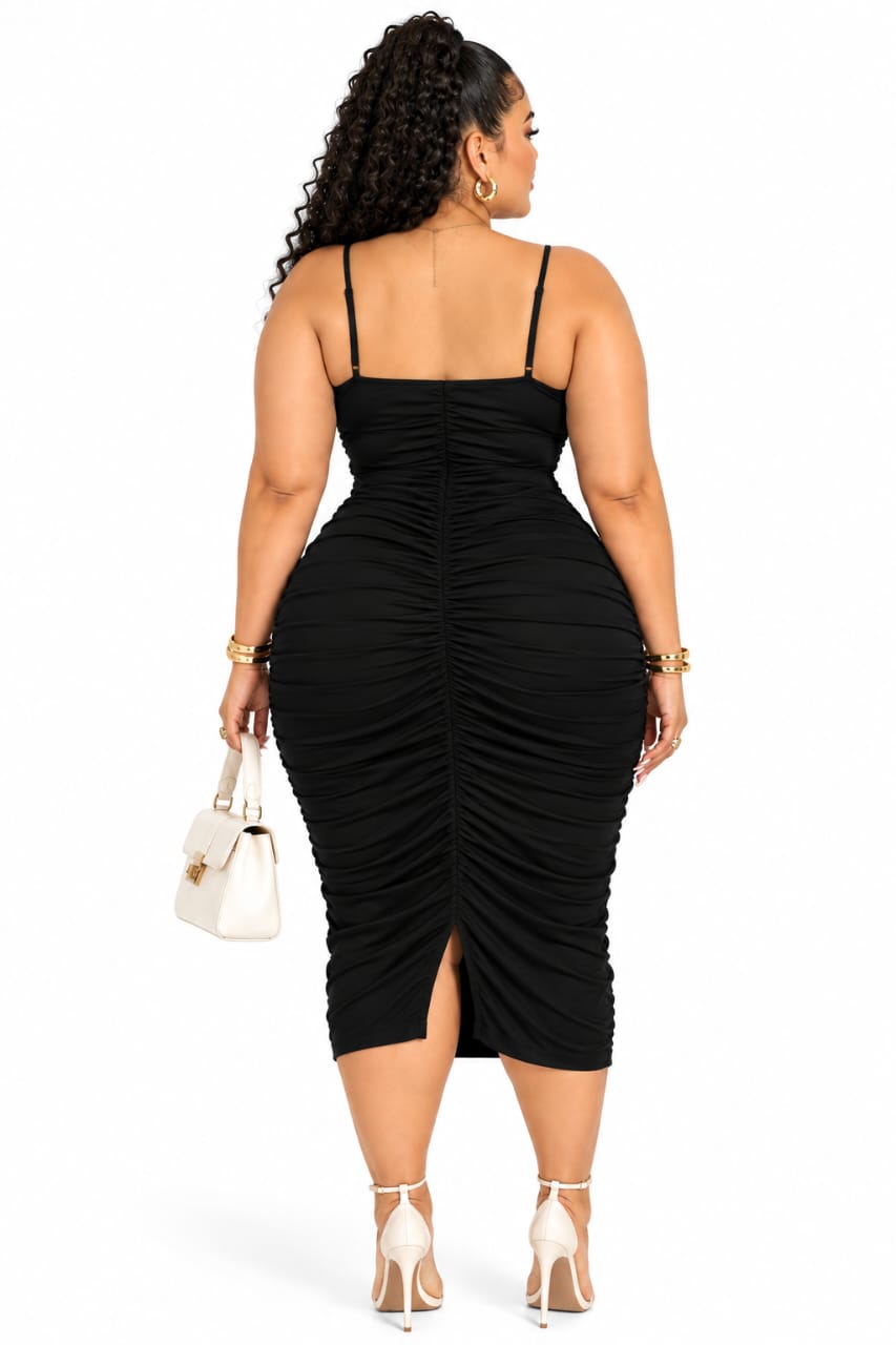 Black Kira Plus Size Ruched Midi Dress