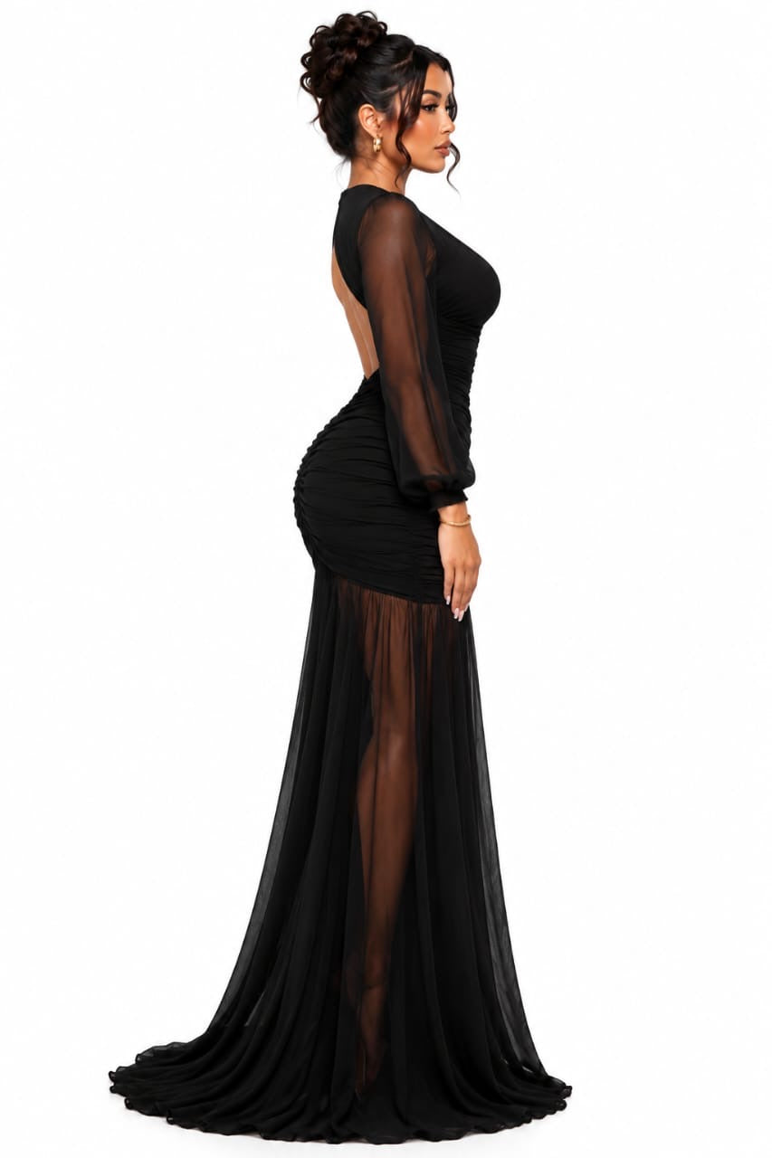 Black Juliet Sheer Sleeve Cutout Maxi Dress