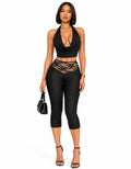 Black Tessa Cowl Halter Crop Top &amp; Lace-Waist Capri Pants Set