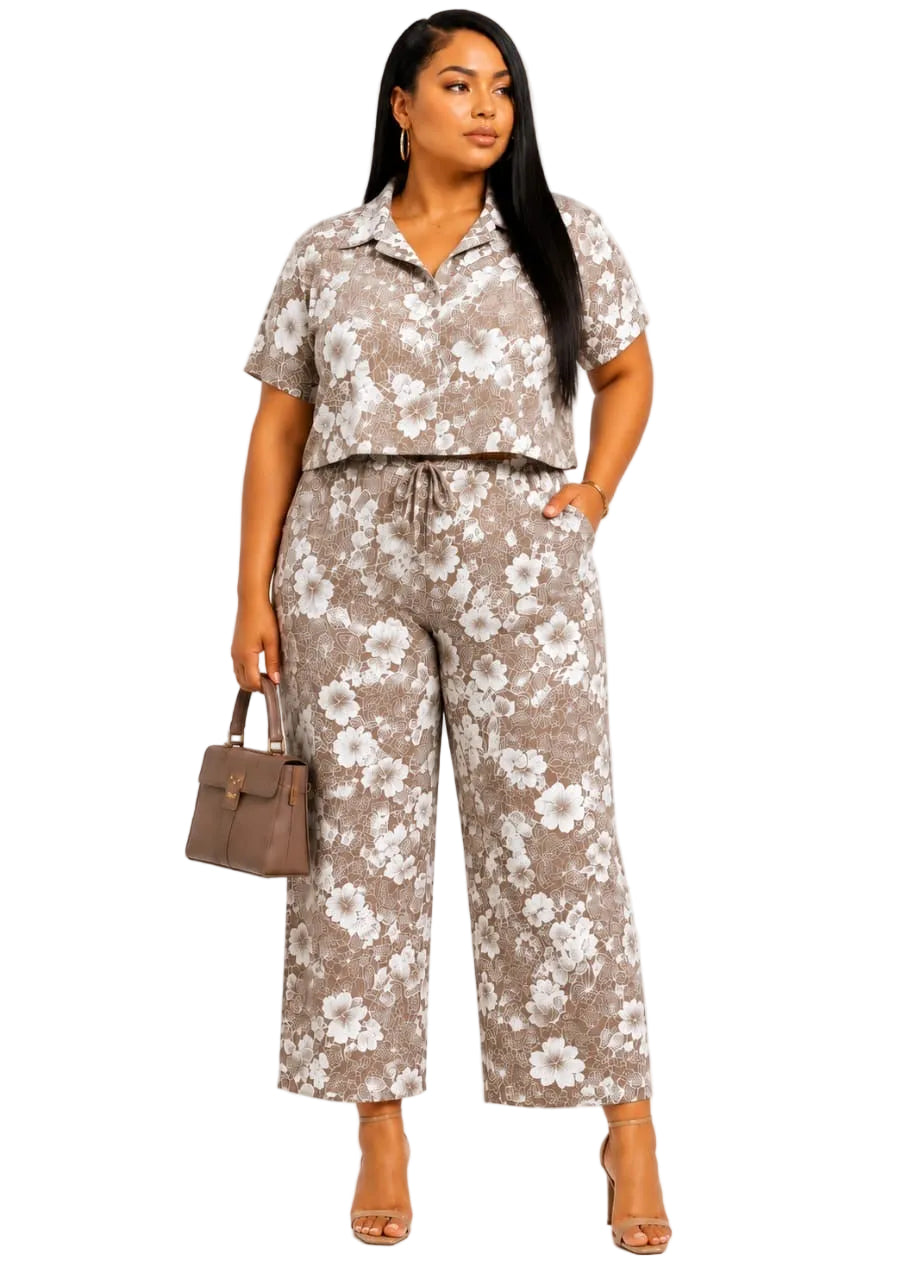 Taupe Iris Plus Size Floral Cropped Shirt &amp; Wide-Leg Pants Set
