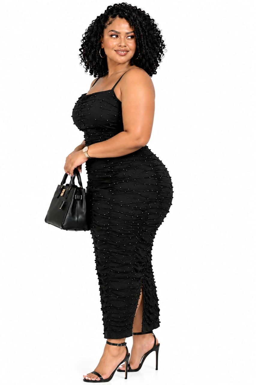 Black Lana Beaded Ruched Midi Dress