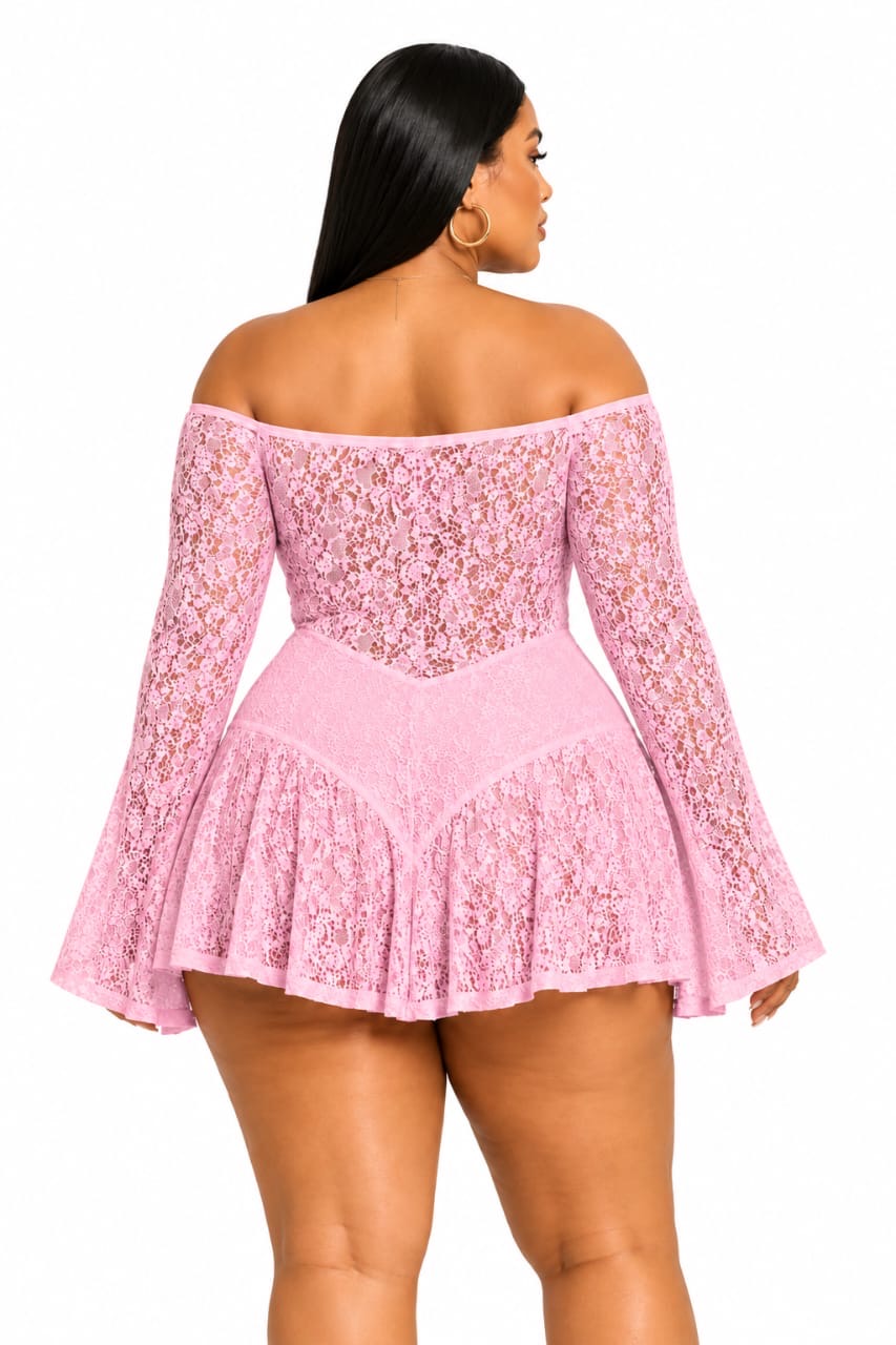 Pink Lace Off-Shoulder Brielle Plus Size Mini Dress
