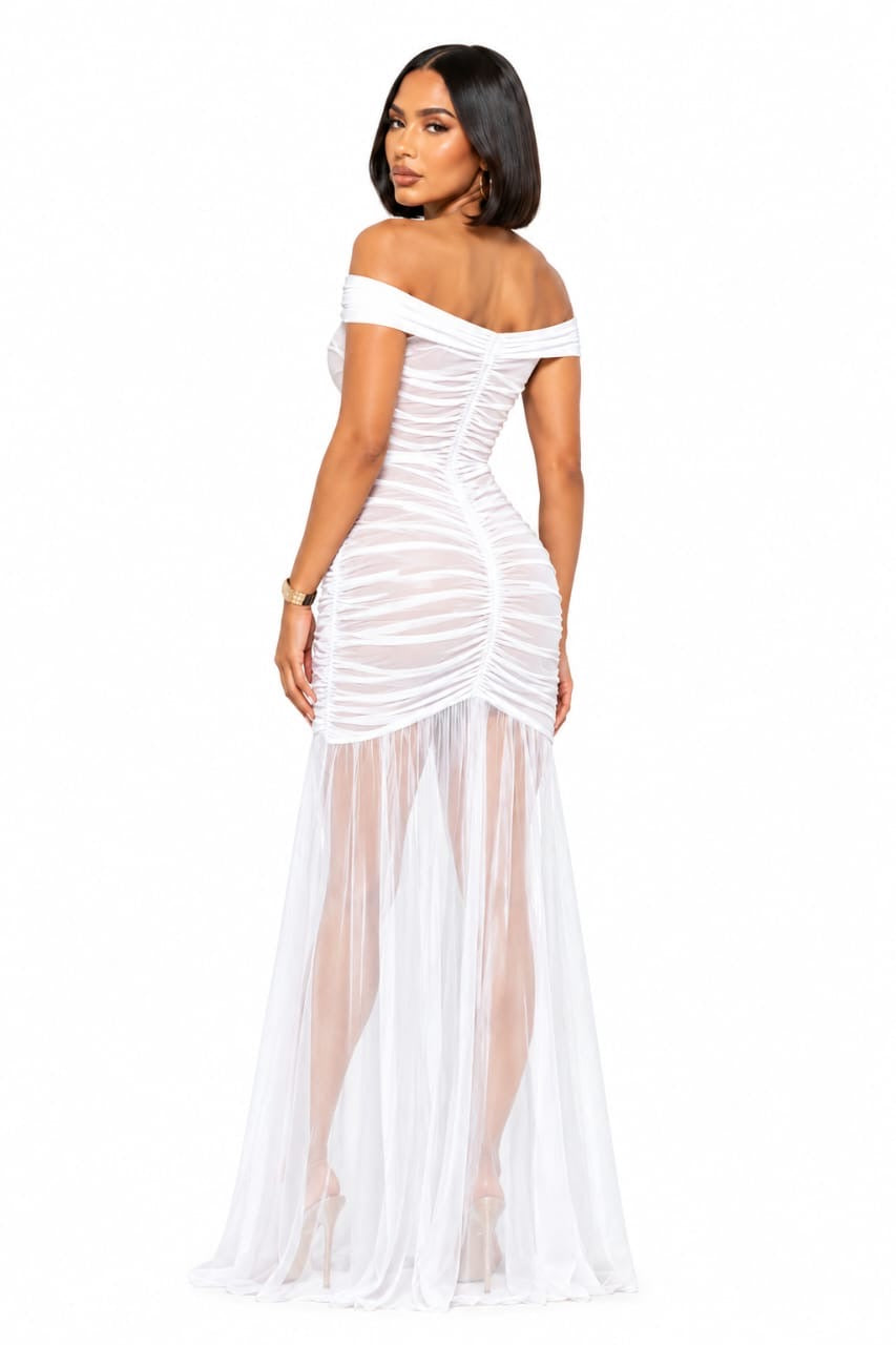 White Riley Sheer Ruched Off-Shoulder Maxi Dress