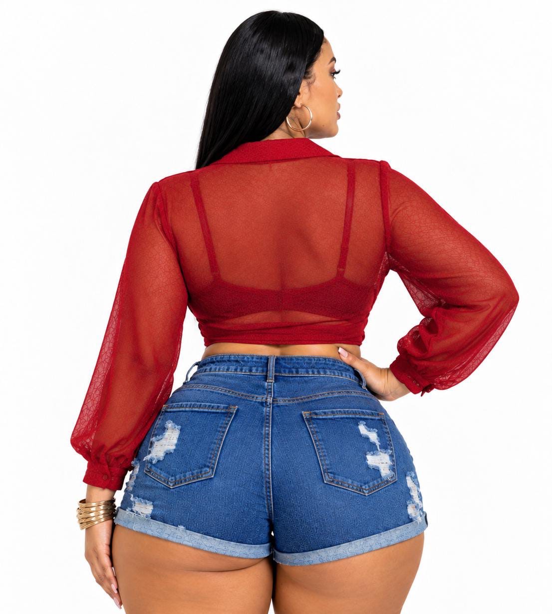 Red Sloane Plus Size Sheer Tie-Front Top