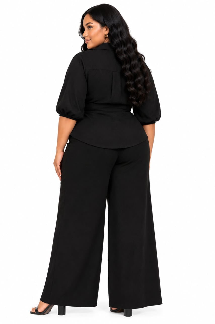 Black Zara Tie-Front Peplum Top &amp; Wide-Leg Pants Set
