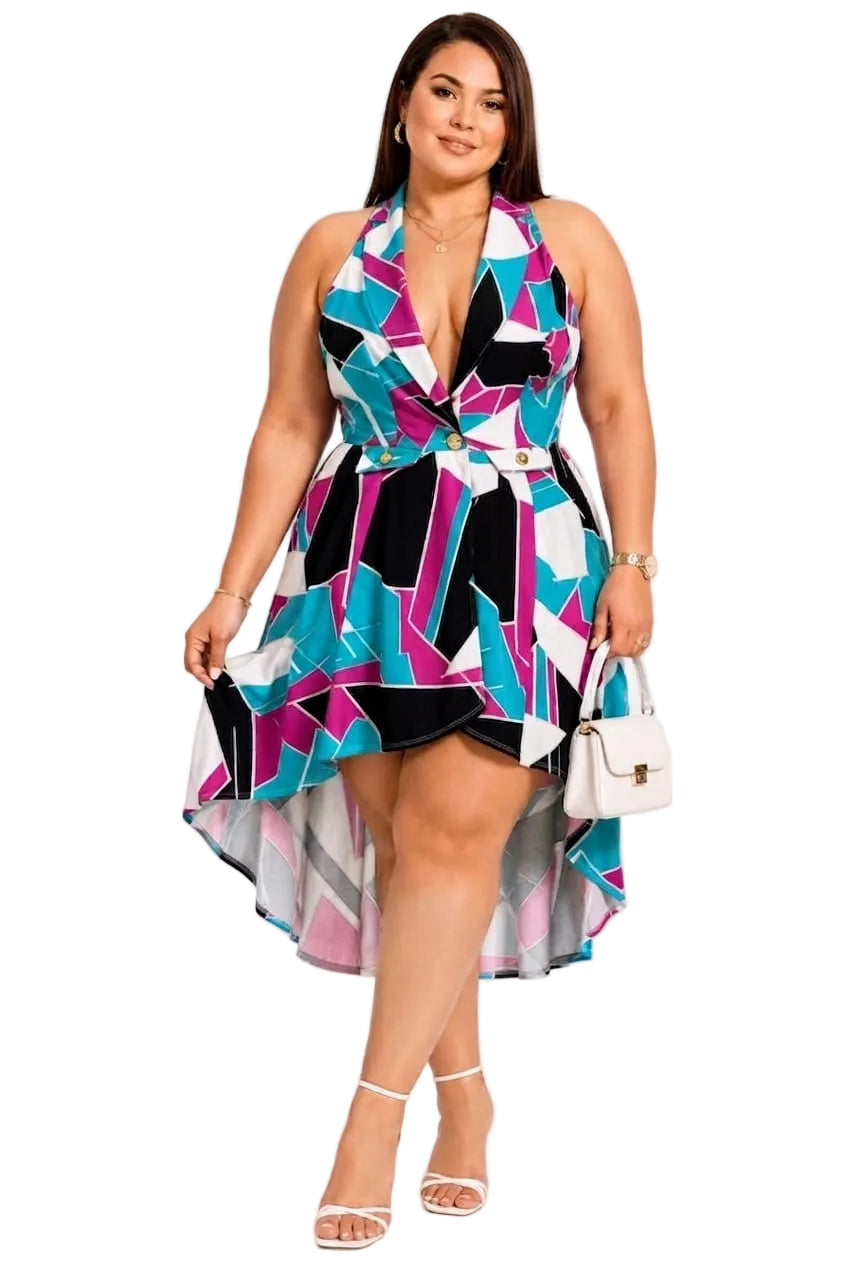 Zaria Geometric Plus Size High-Low Dress