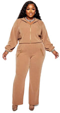 Camel Ribbed Riley Plus Size Zip-Up Hoodie &amp; Wide Leg Pants Set