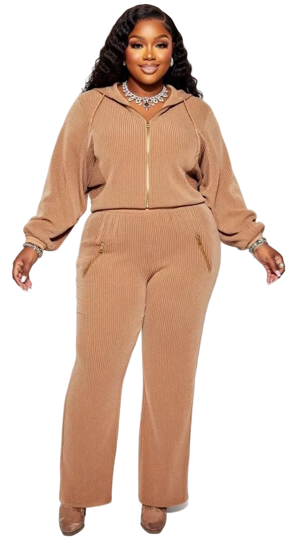 Camel Ribbed Riley Plus Size Zip-Up Hoodie &amp; Wide Leg Pants Set