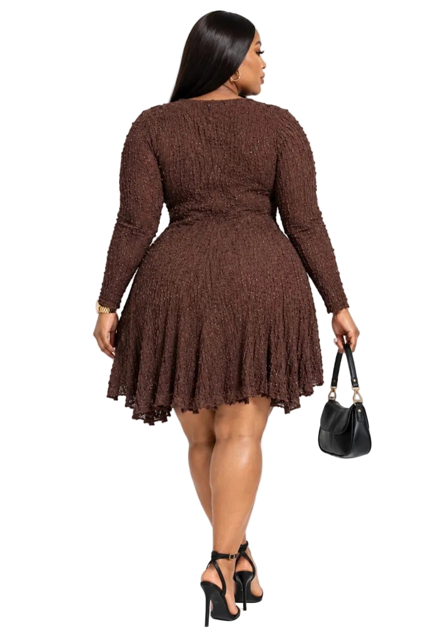 Brown Brooke Plus Size Sparkle Textured Mini Dress