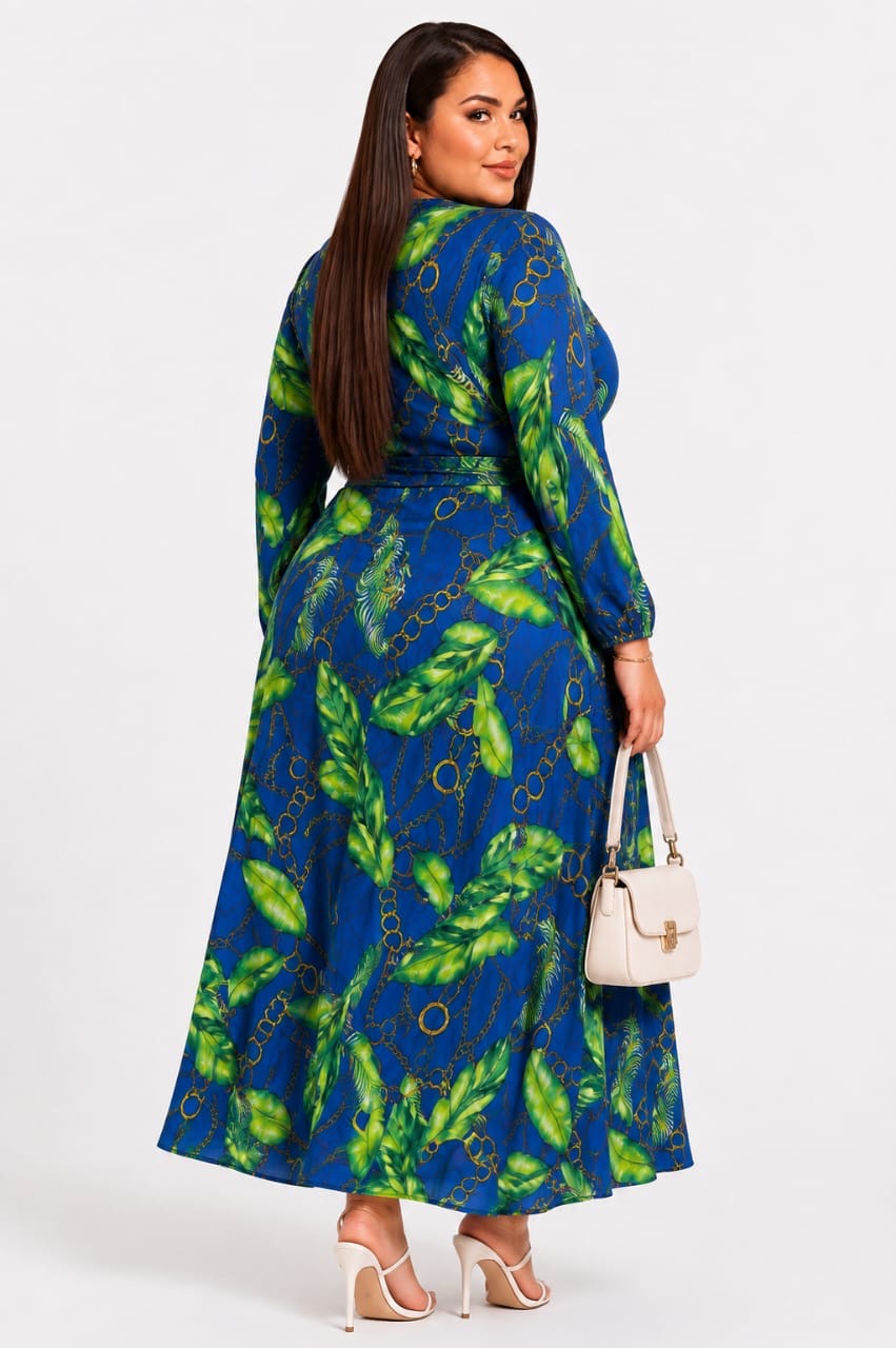 Royal Blue Zaria Plus Size Leaf &amp; Chain Wrap Maxi Dress