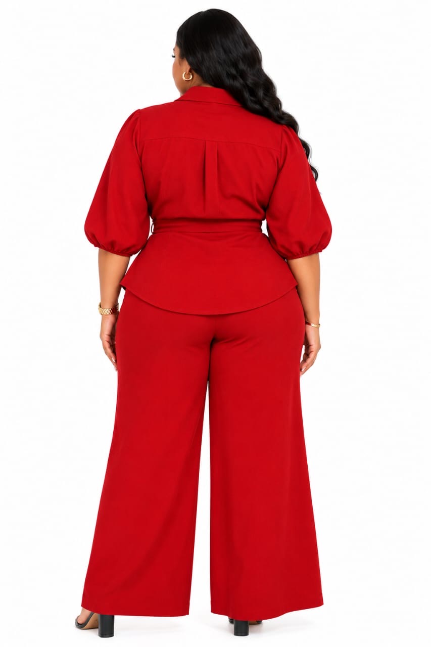 Red Zara Tie-Front Peplum Top &amp; Wide-Leg Pants Set