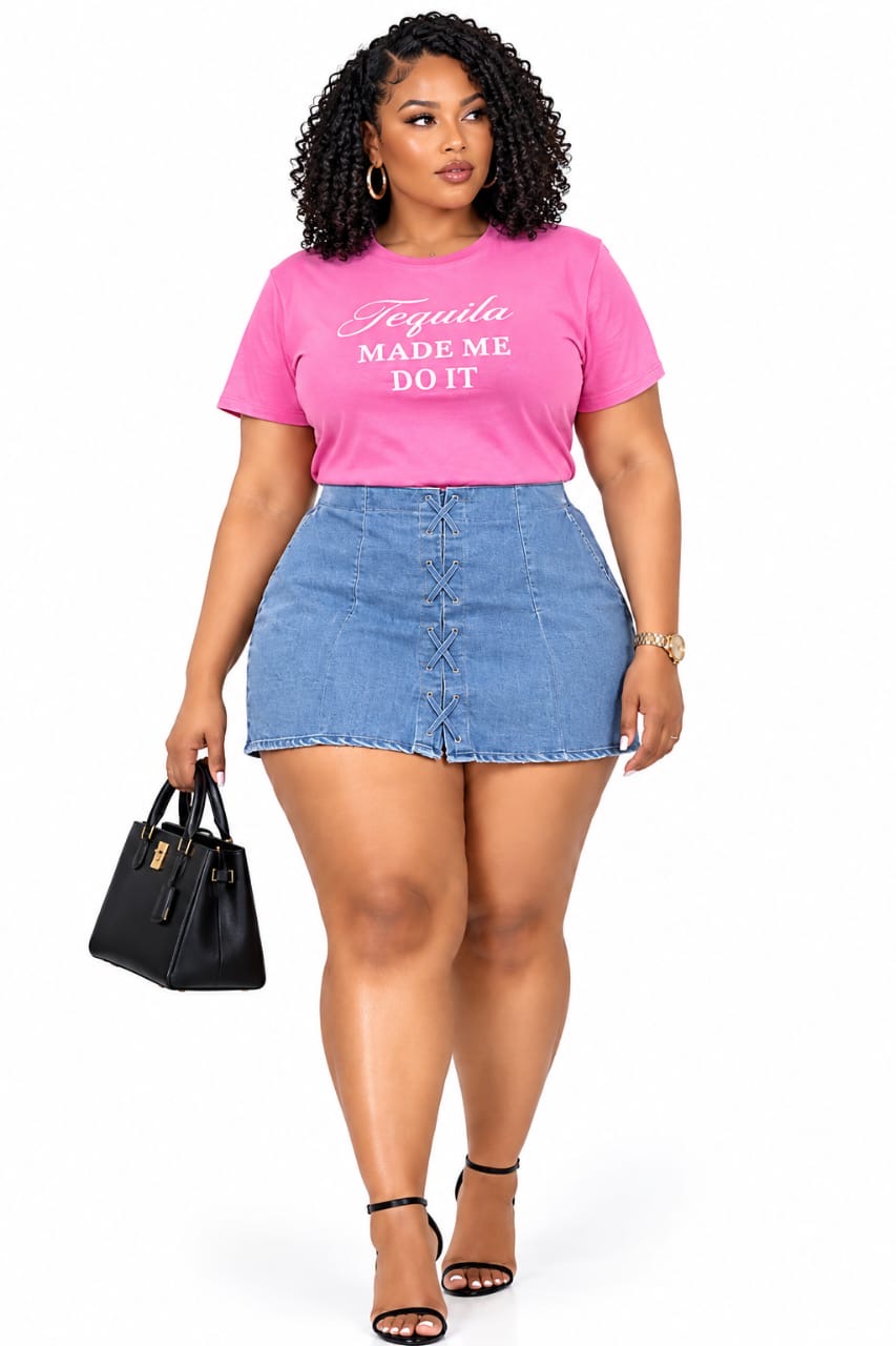 Pink Graphics T-shirt &amp; Light Blue Nola Lace up skirt Curated Look&nbsp;