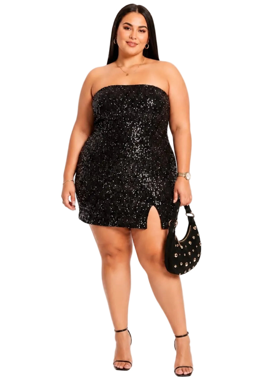 Black Helena Plus Size Sequin Strapless Mini Dress