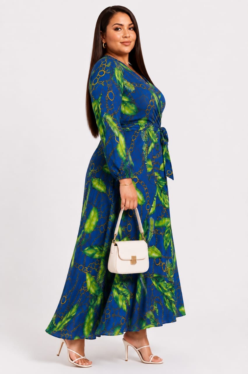 Royal Blue Zaria Plus Size Leaf &amp; Chain Wrap Maxi Dress